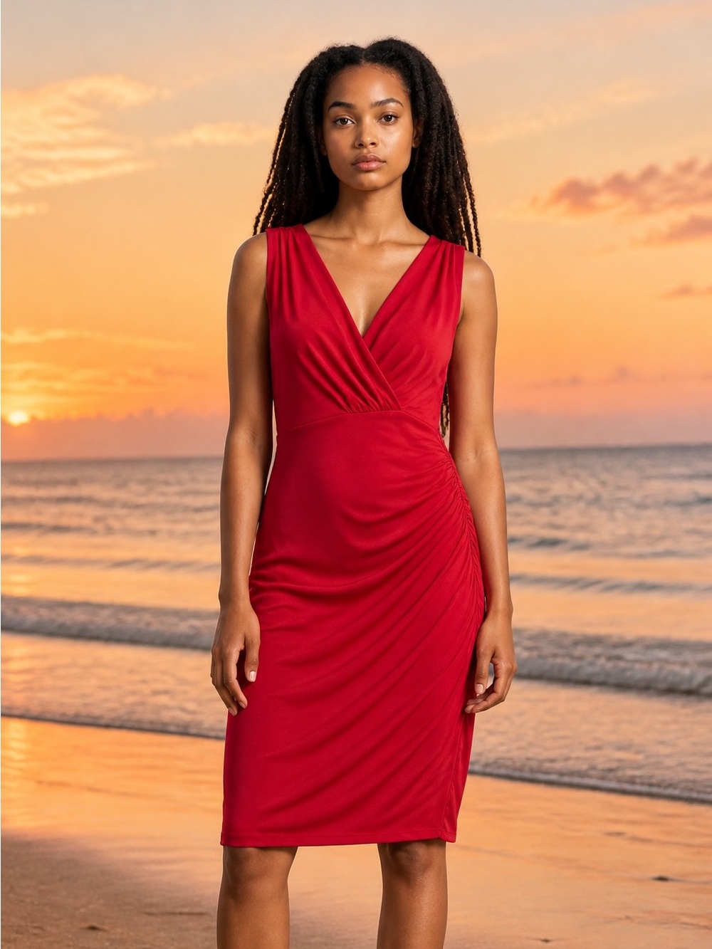 Sleeveless Red V-Neck Ruched Sheath Dress( size 14)